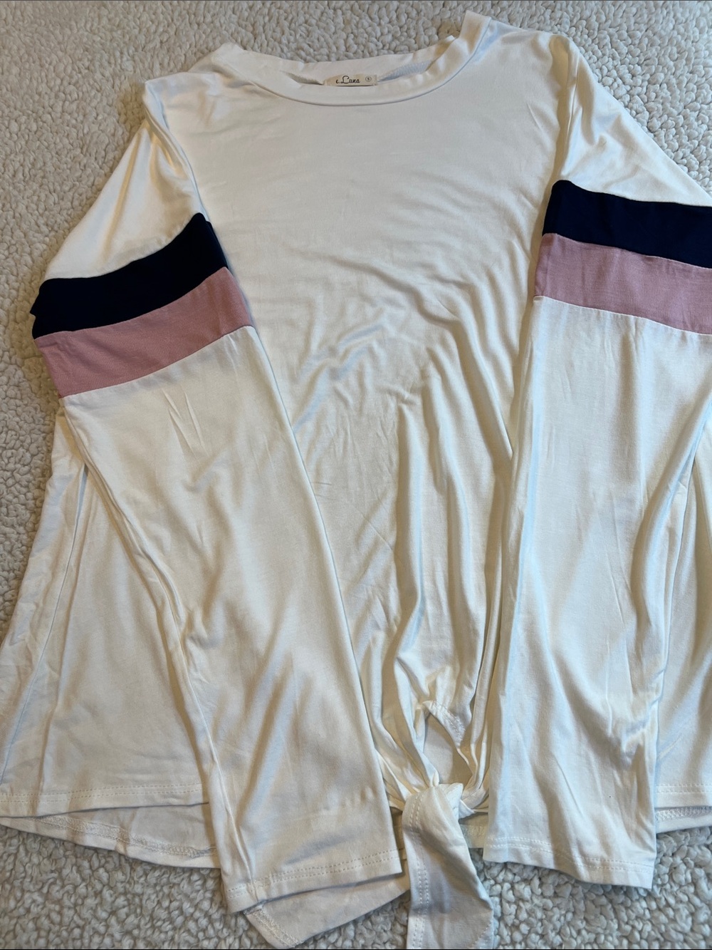 Women’s White Long-Sleeve Tie Front Top with Pink and Navy Stripe